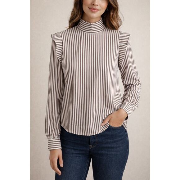 Everlane Tops - Everlane NWT Brown White Striped Mock Neck Cotton Blouse Size 12
